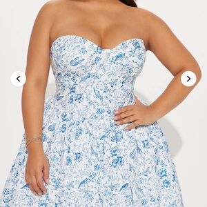 Fashion Nova Blue and White Strapless A-line Dress